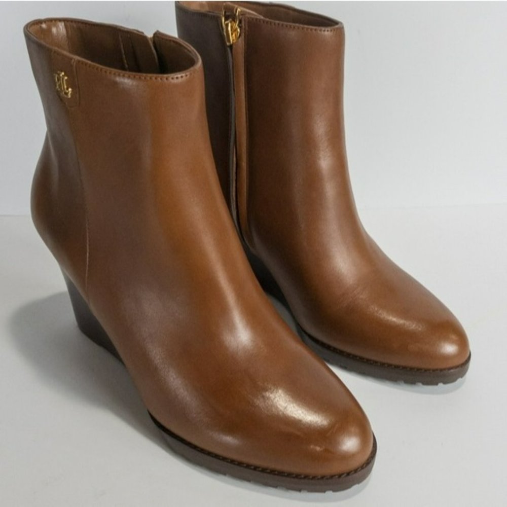 LAUREN Ralph Lauren Shaley Calfskin Wedge Bootie Deep Saddle Tan -7.5 - Picture 8 of 10